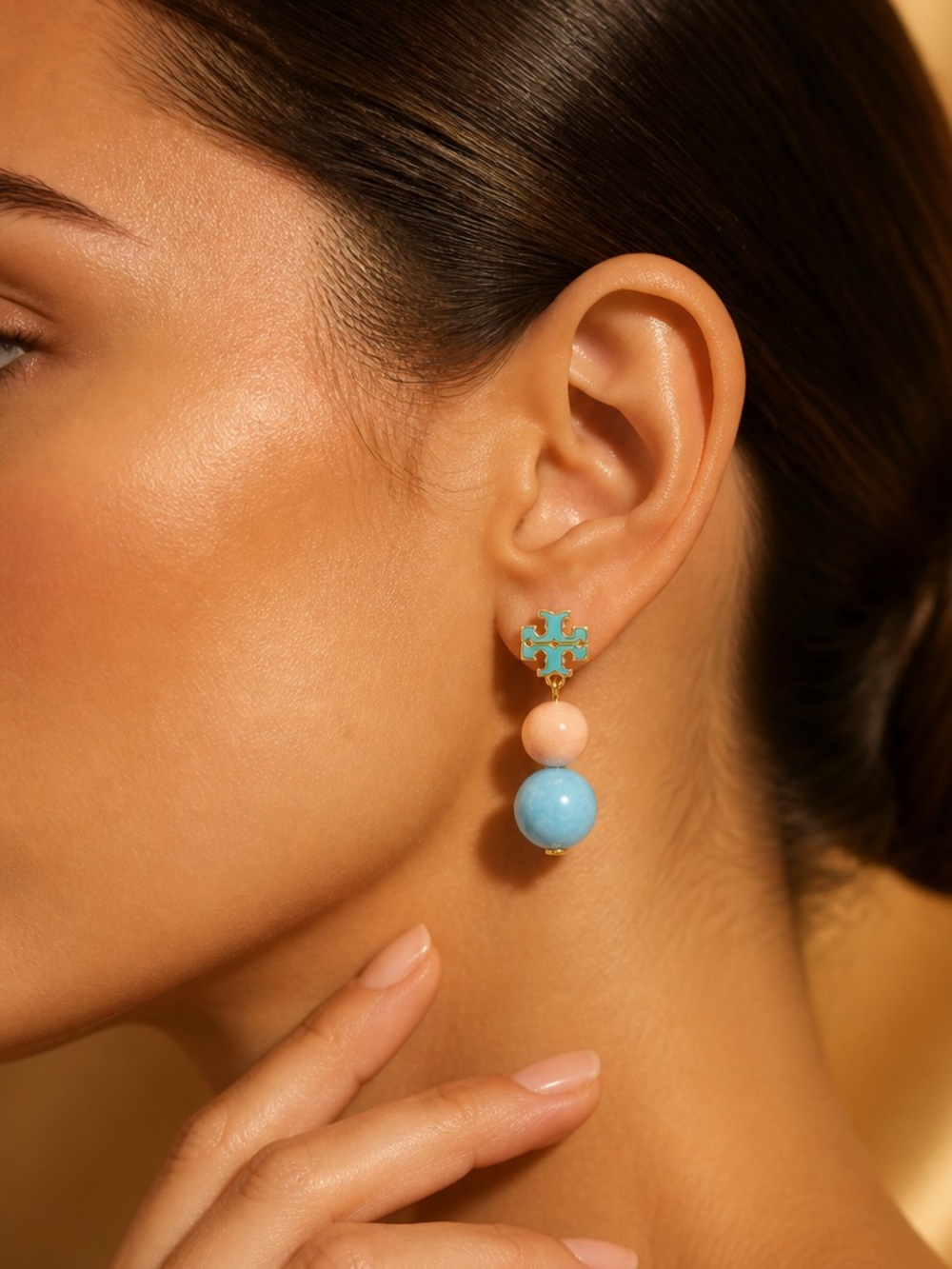 Tory Burch Gold-Tone Turquoise & Peach Double Drop Earrings